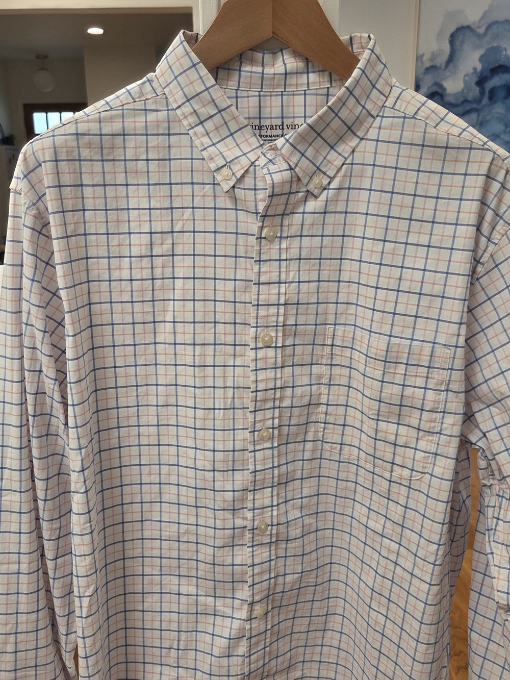 Vineyard Vines Mens (XL) White LS Performance Shirt Blue & Orange Windowpane NWT
